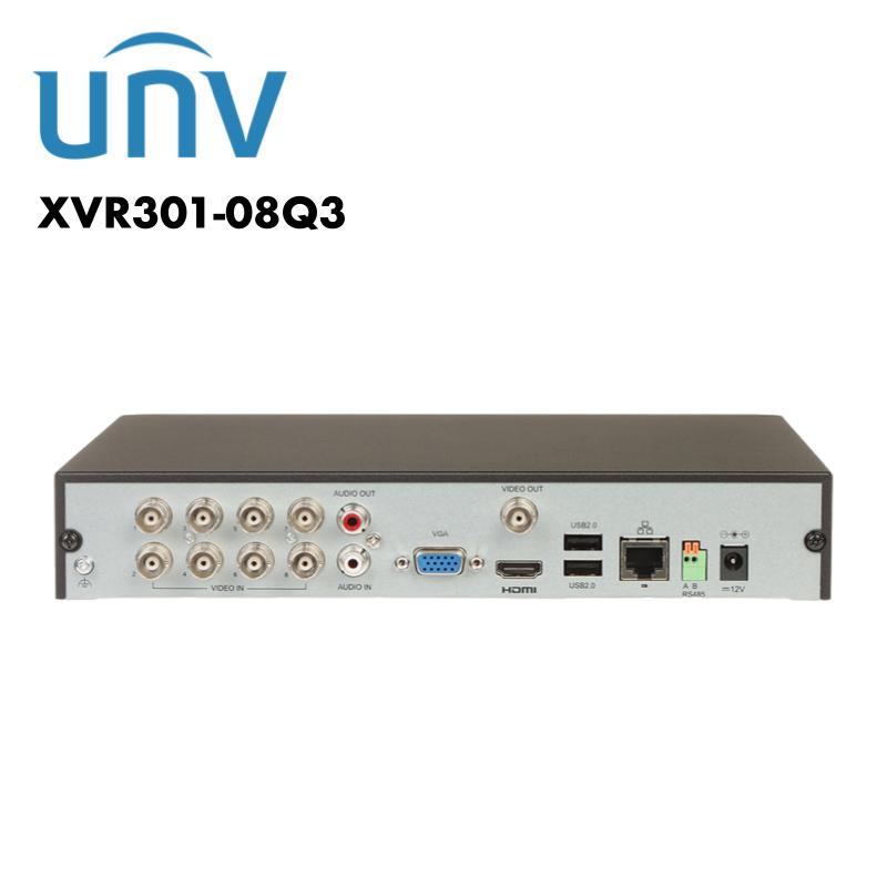 Uniview 8 channel DVR back panel showing audio and video connections for security systems