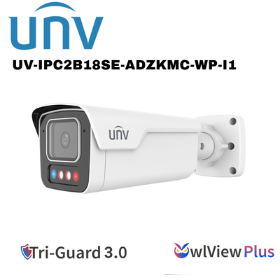 Uniview 8MP Tri-Guard 3.0 Bullet Network Camera AI, OWLVIEW PLUS, MOTORIZED 2.8 TO 12, BLACK WHITE UV-IPC2B18SE-ADZKMC-WP-I1 Global Security