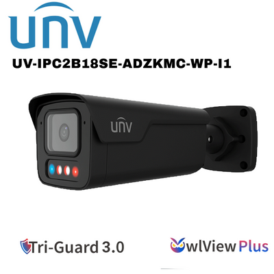 Uniview 8MP Tri-Guard 3.0 Bullet Network Camera AI, OWLVIEW PLUS, MOTORIZED 2.8 TO 12, BLACK WHITE UV-IPC2B18SE-ADZKMC-WP-I1 Global Security