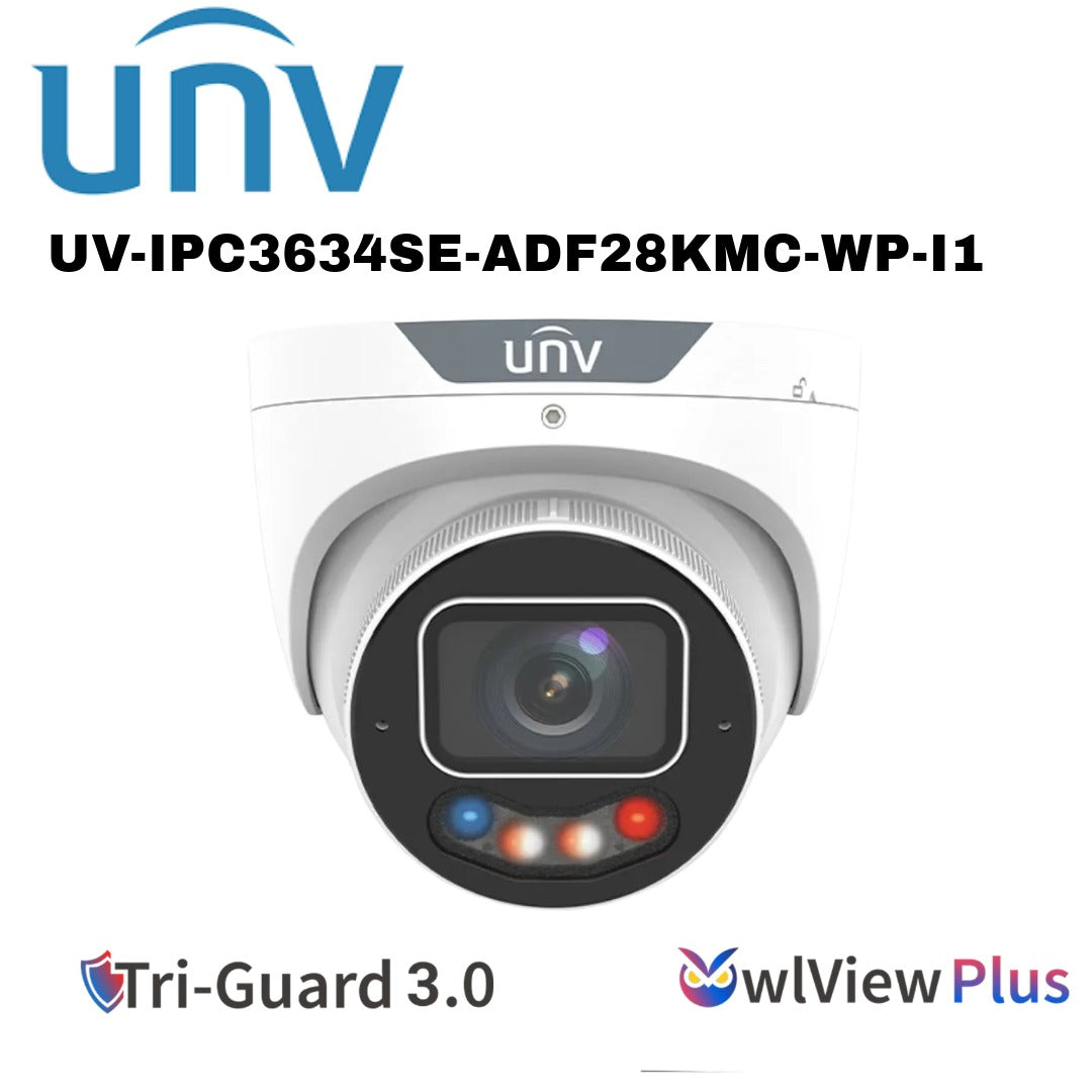 Uniview 4MP TriGuard 3.0 Owlview PLUS Dual Light IP Turret with Alarm & Audio White/Black UV-IPC3634SE-ADF28KMC-WP-I1 Global Security
