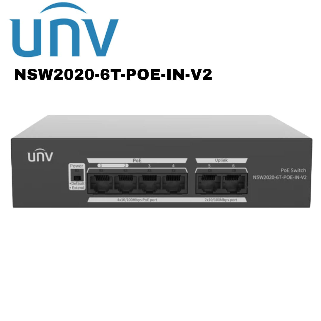 Uniview 4 Port 10/100Mbps PoE Switch 2 Port 1000Mbps Uplink RJ45 Unmanaged UV-NSW2020-6T-POE-IN-V2 Global Security
