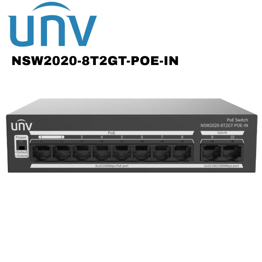 Uniview 8 Port 10/100Mbps PoE Switch 2 Port 1000Mbps Uplink RJ45 Unmanaged UV-NSW2020-8T2GT-POE-IN Global Security